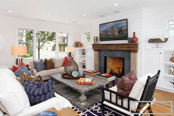 The design of the living room in Bohu style in white