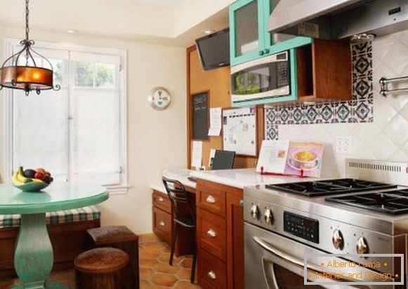 Bohemian kitchen interior in brown and blue color