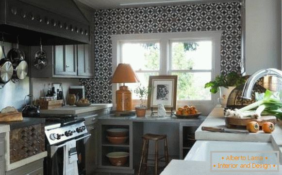 A small kitchen in the style of a boho in the interior