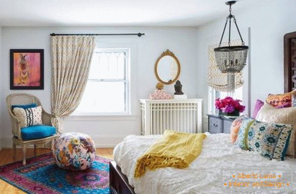 Bohemian interior of the bedroom in the house