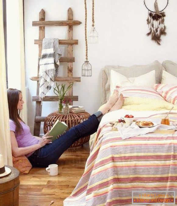 Bohemian style in the interior of a modern bedroom