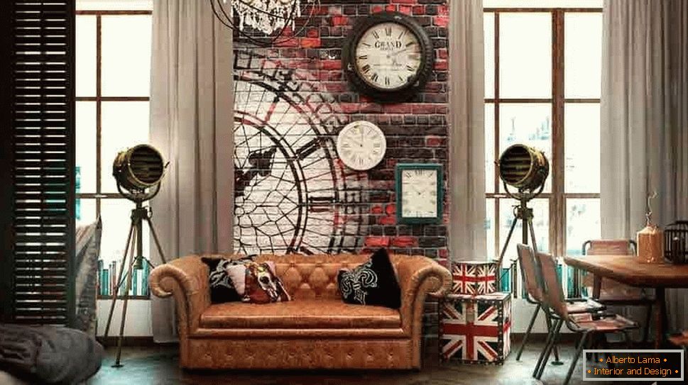 Living room in grunge style with a leather sofa and unusual lamps