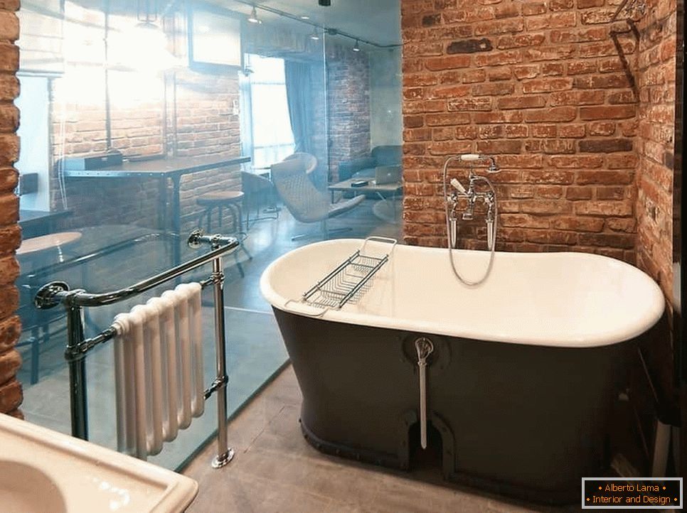 Luxurious bathroom with a glass wall in grunge style