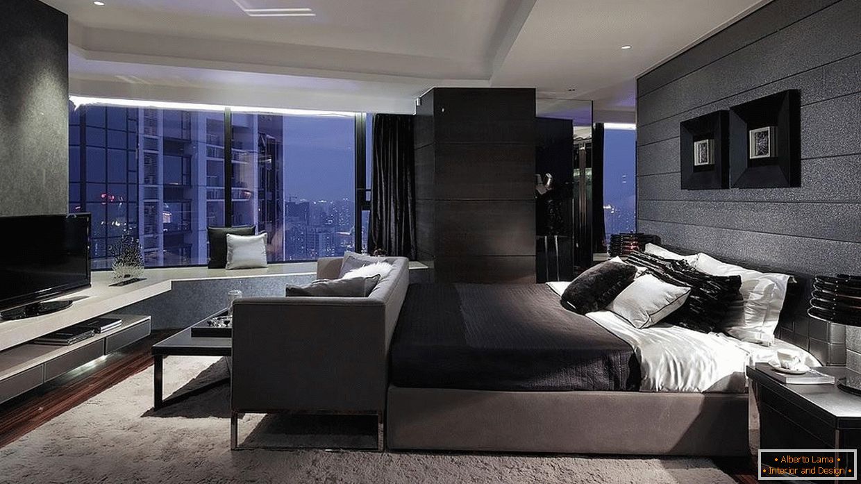 High-tech style in a bedroom with a panoramic window