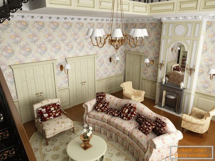 Living room in country style on the first floor of a large house in the suburbs. In accordance with the style, soft furniture is selected from a fabric with a floral pattern.