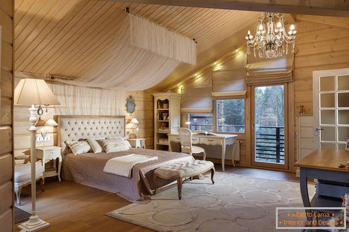 Bedroom in a one-story house in country style.