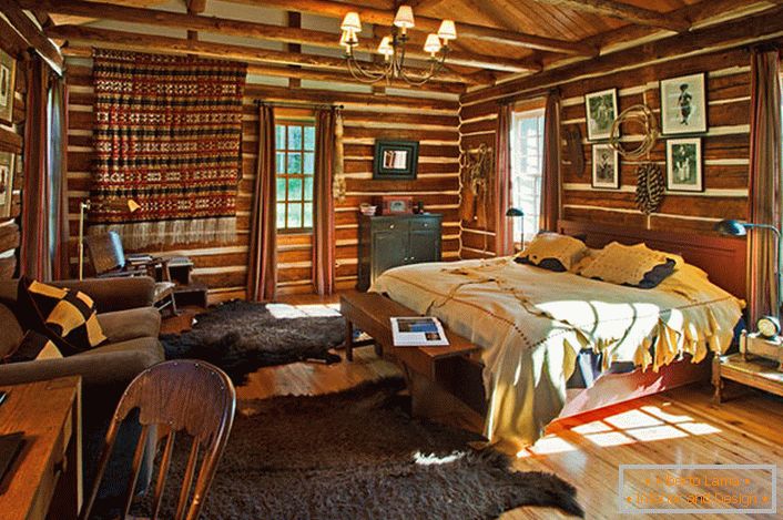 A bedroom in country country style in a small house in the forest. 