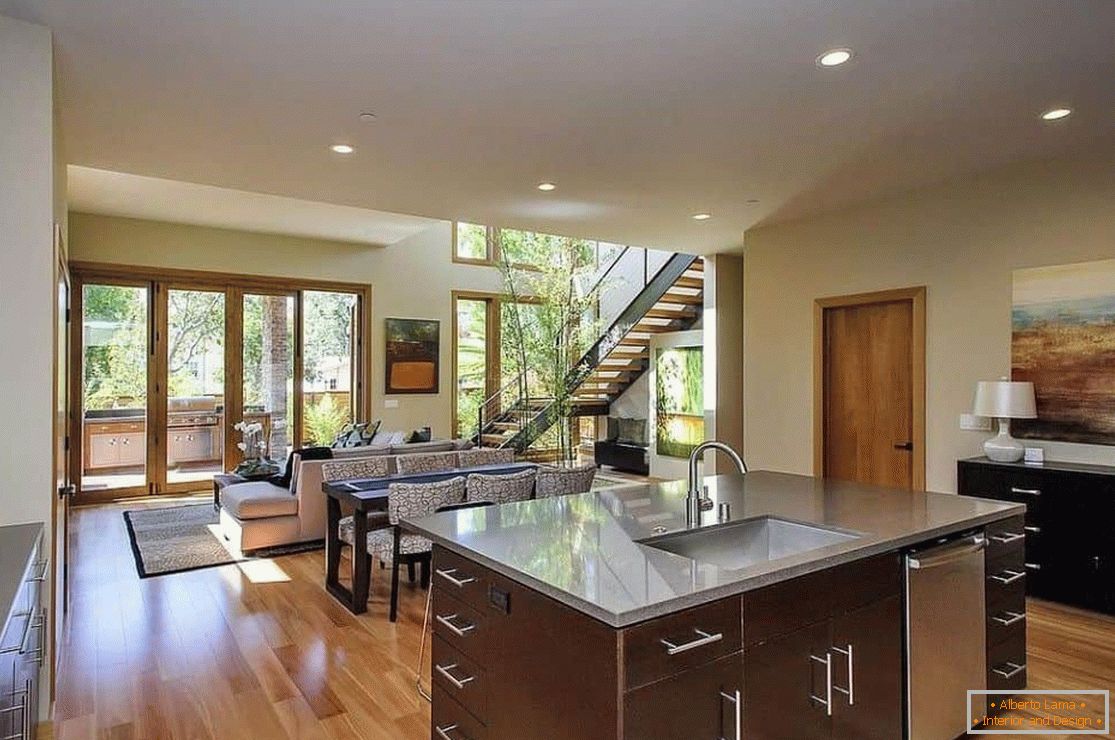 Open space living room and kitchen in the style of contemporary