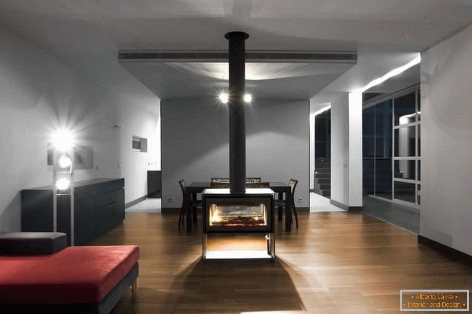 Fireplace in the center of the minimalist room
