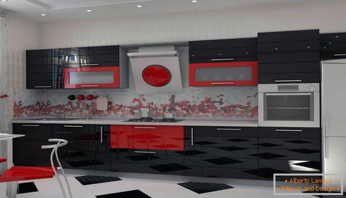The combination of rich red and contrast black is ideal for decorating the kitchen in the Art Nouveau style.