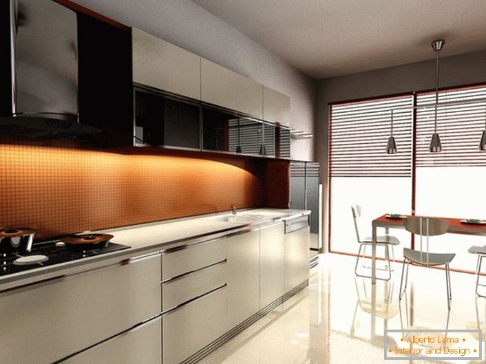 The subdued light in the modern style kitchen makes the atmosphere romantic. The effect is achieved with the help of blinds, which cover the panoramic windows.