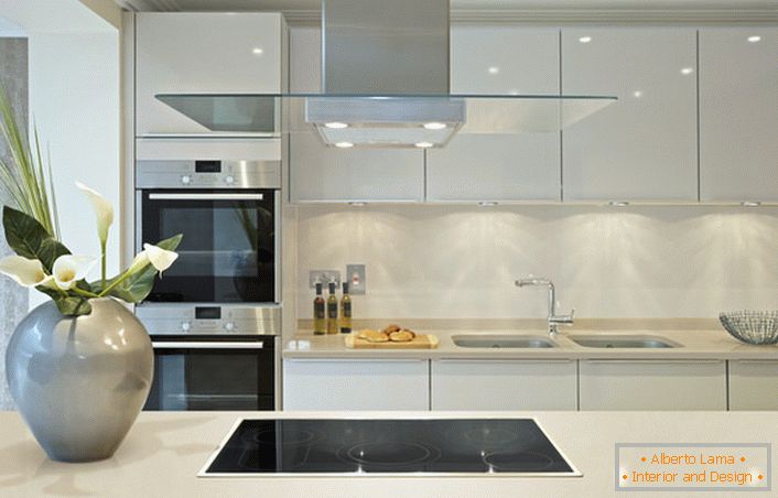 Glossy surfaces can be used to decorate the kitchen in the Art Nouveau style. The design project is interesting bold combination of gray and white, which is not peculiar to the modern style.