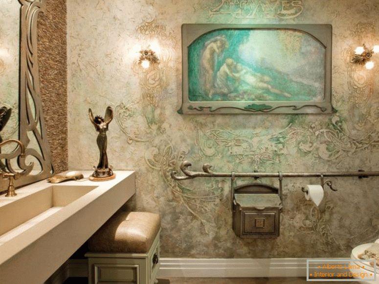 magnificent-art-deco-bathroom-ideas-with-cream-texture-wall-paint-like-bathroom-kings-and-cream-wooden-rectangle-table-including-washbasin-and-gold-stainless-faucet-in-sink-also-awesome-interior-design
