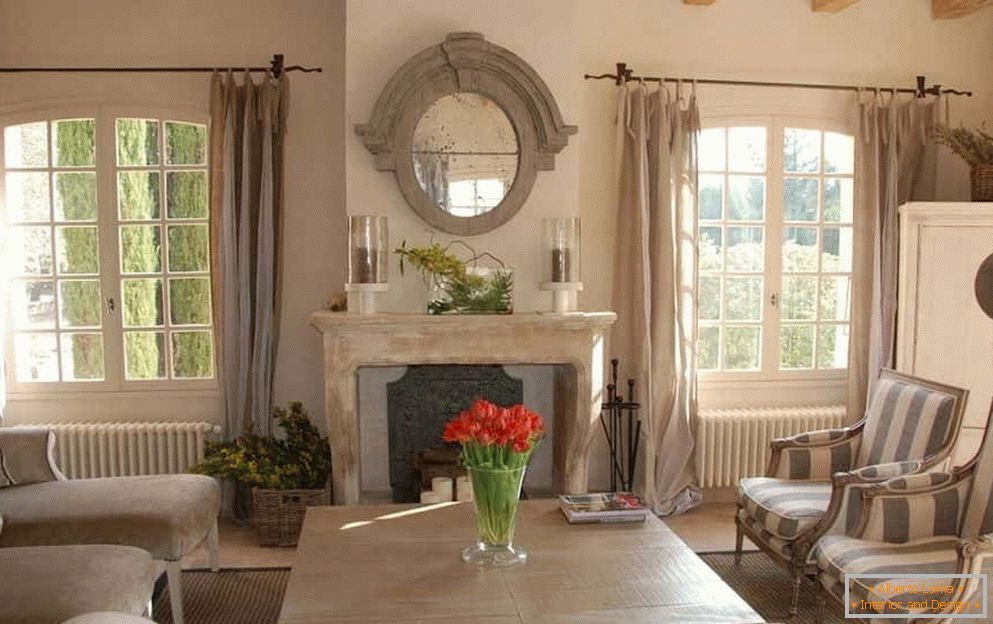 Living room with French windows and fireplace