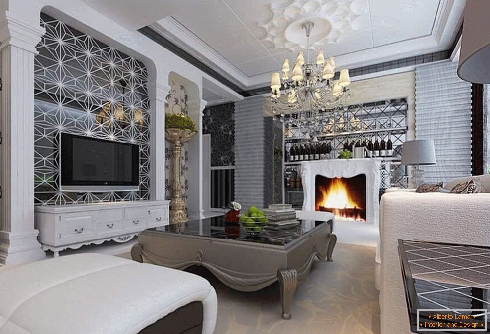 Living room with fireplace, large chandelier in the style of modern classic