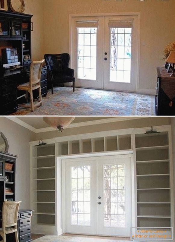 Interior design with shelves before and after