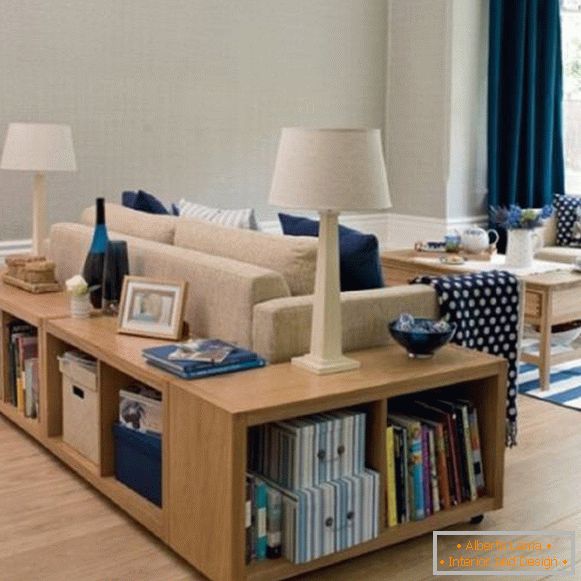 Beautiful living room design with floor shelves