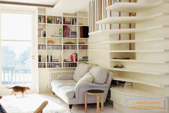 Stylish bookshelves in the living room of a private house