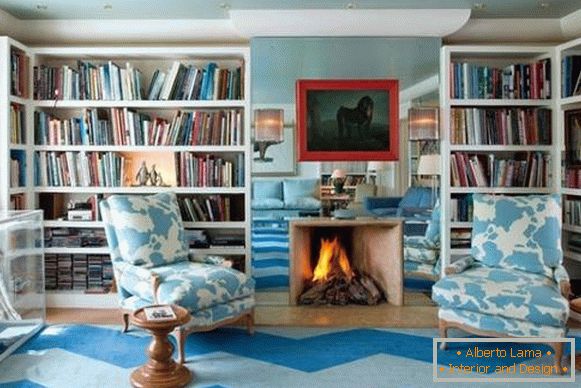 Living room with fireplace and bookcases