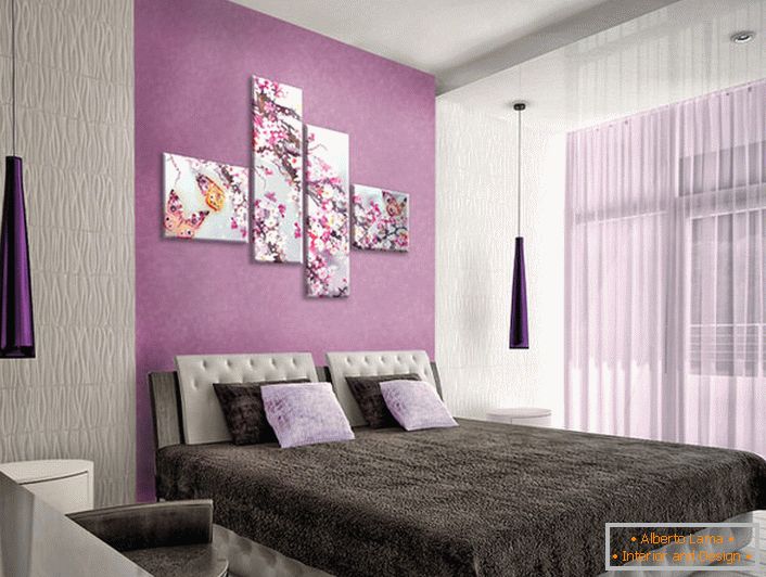 Correctly selected modular picture does not overload the bedroom design. Discreet, elegant inflorescences, depicted in the picture, dilute the strict, concise style of decorating the bedroom.