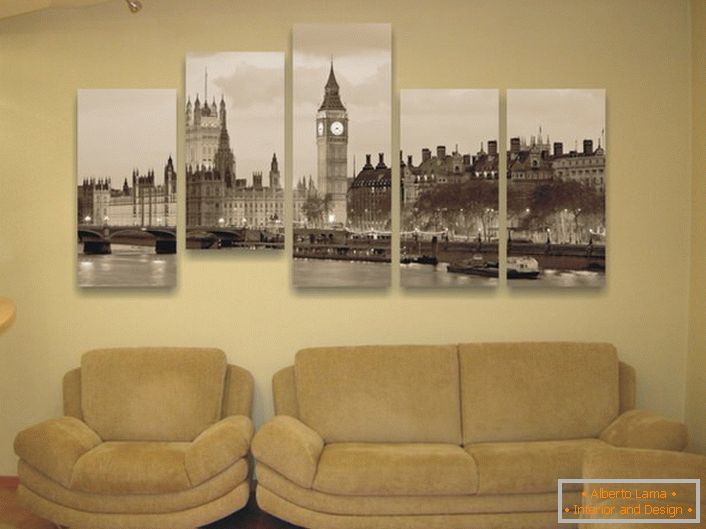 Modular paintings in the image of cities are the second most popular. The modest hall is decorated correctly, the painting visually lengthens the wall, making the room visually more spacious.
