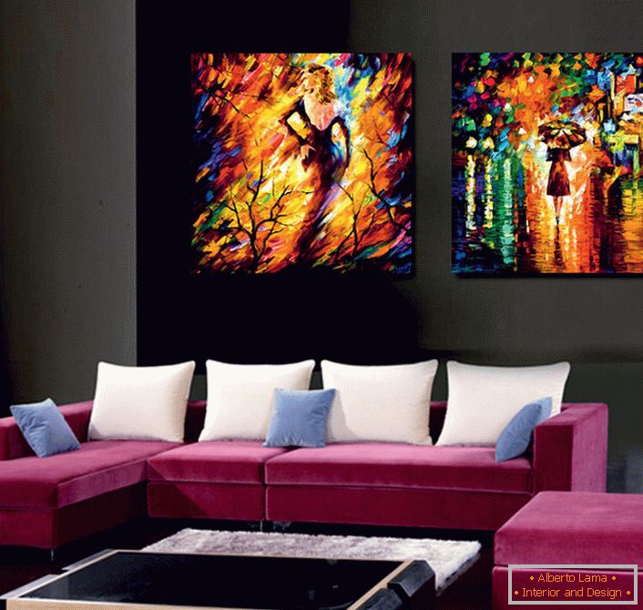 Modular paintings imitate oil painting. Bright, juicy colors dilute the design of the room, make it unusual and exclusive. 
