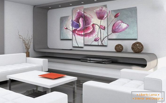A good example of interior design in high-tech style with the use of modular paintings. 