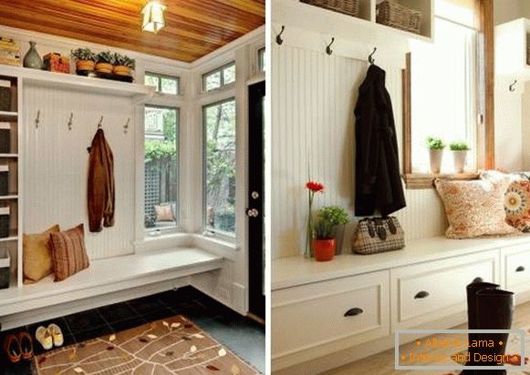 Convenient built-in hall without doors with shelves and drawers