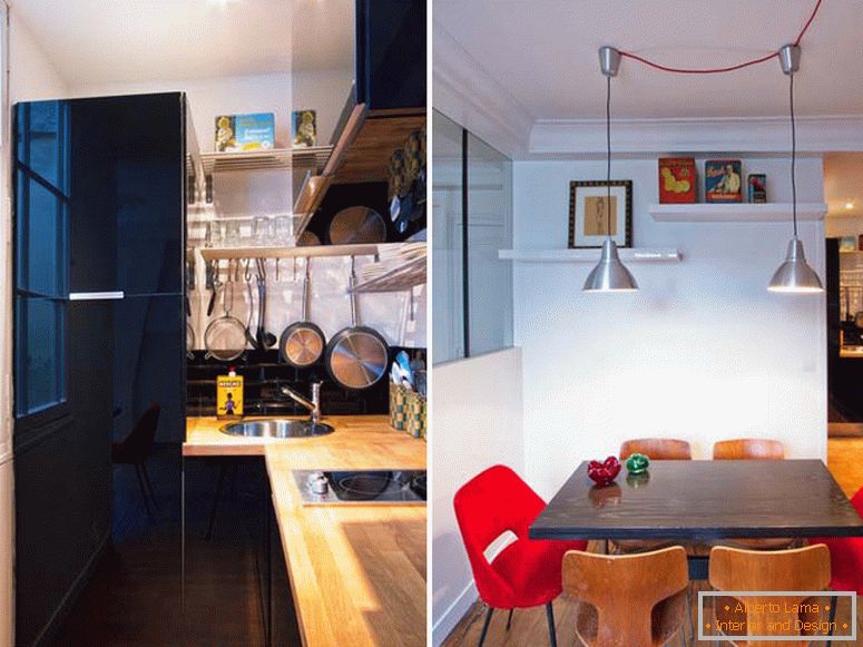 Kitchen and dining room of a small studio apartment in Paris