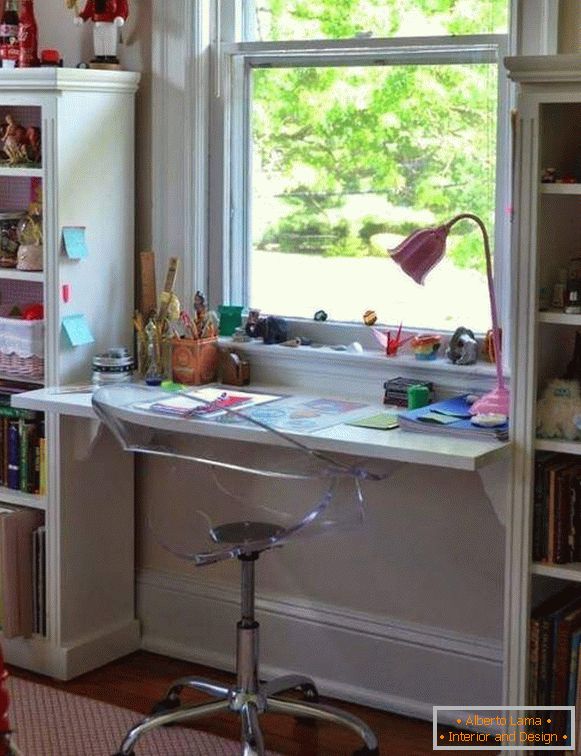 The table top, turning into a window sill, in the design of a nursery