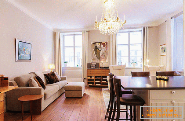 Living room and dining room studio apartment in Stockholm
