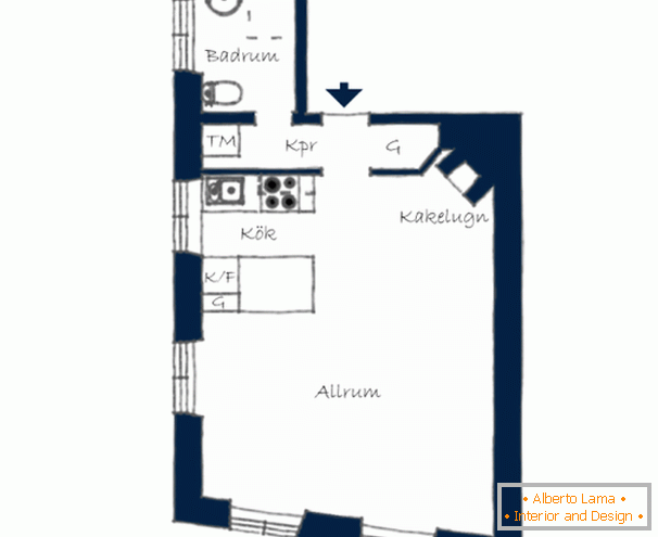 The layout of a studio apartment in Stockholm