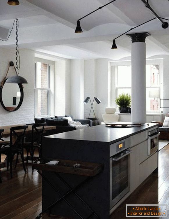 Beautiful lamps in the loft style in the kitchen - living room