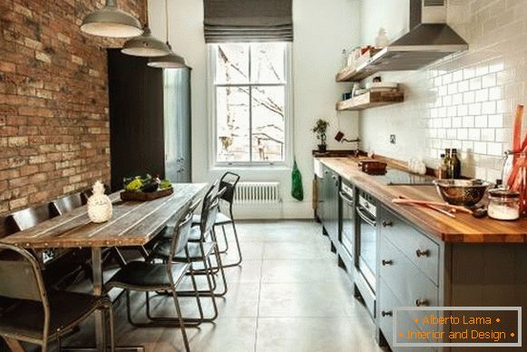 Kitchen in loft style with stylish lights