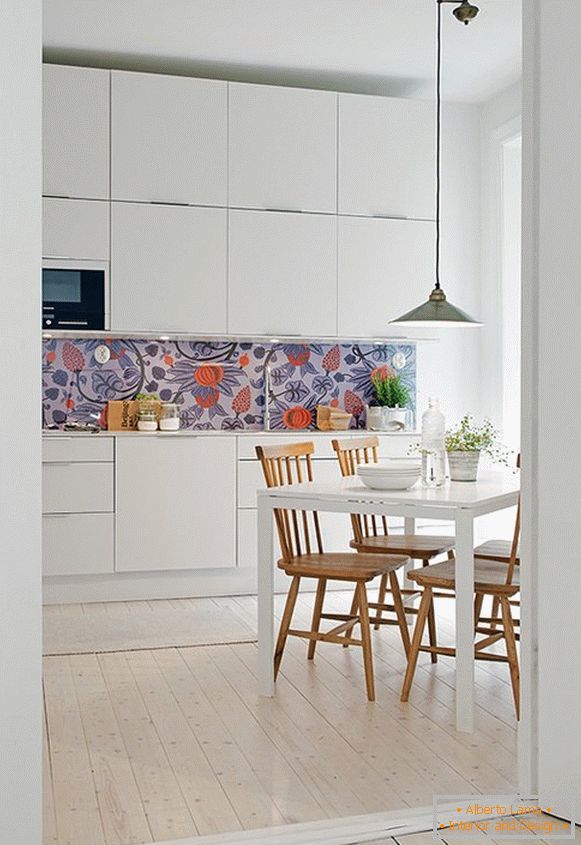 Kitchen interior in Scandinavian style with balcony