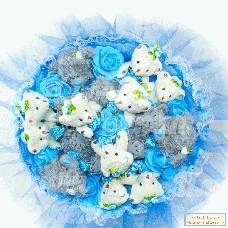 Teddy bear and blue roses in a bouquet