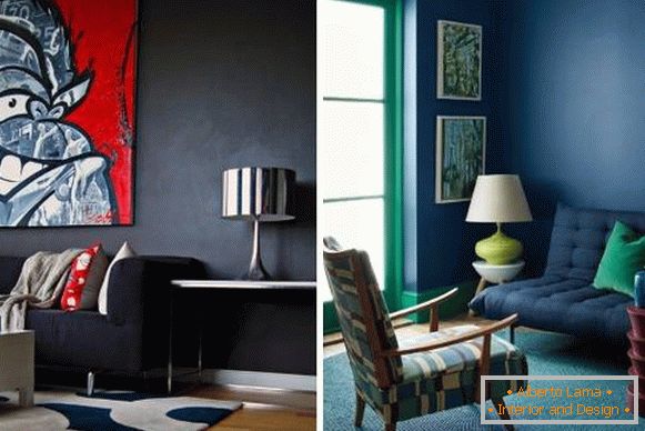 Dark blue walls in the living room design