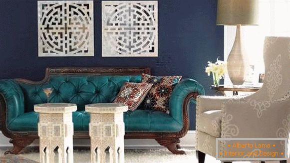 Interior design in oriental style with dark blue wallpaper