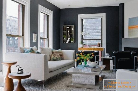 Modern interior with dark gray wallpaper on the walls