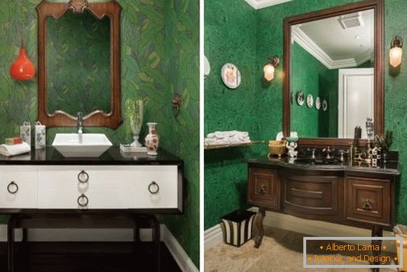 Beautiful interiors of the room with dark green wallpaper