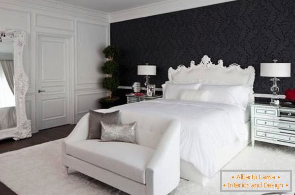 Black wall wallpaper in the bedroom with white furniture