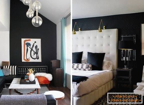 Beautiful interiors with black wallpaper on the walls