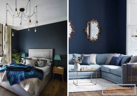 Dark blue wallpaper and wooden floor