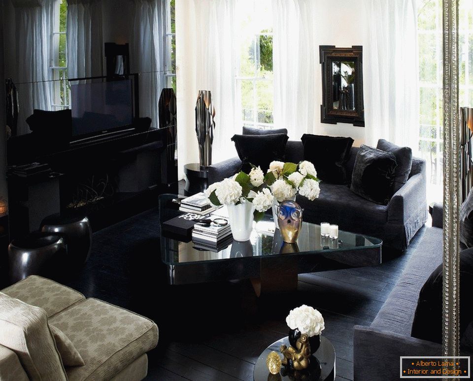 Black floor in the interior with black furniture