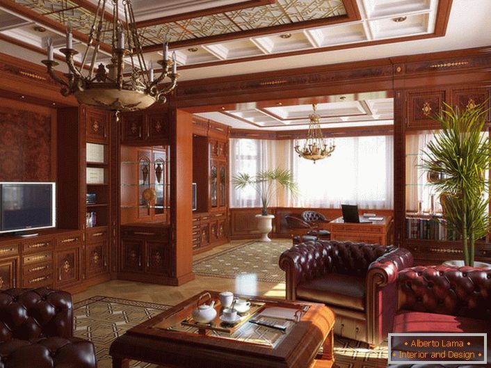 The living room in the English style is decorated mainly with the use of noble wood.