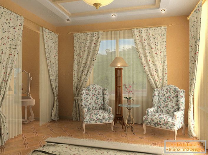 Bedroom in English style with an unusual twist. For the upholstery of furniture, curtains and bedspreads, one fabric with an unassuming floral pattern was chosen.