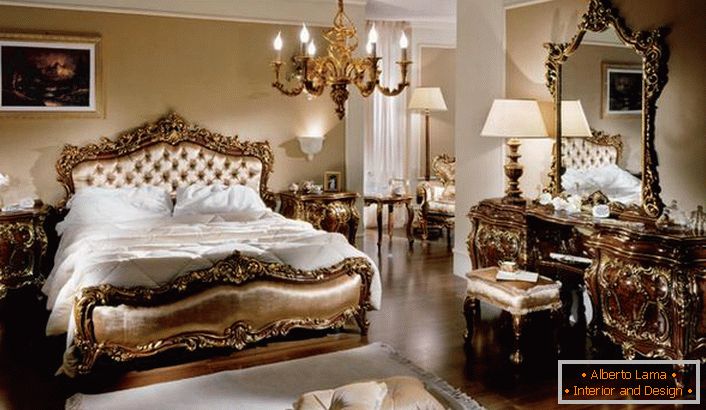 Luxury family bedroom in baroque style in a country house. A clear feature characteristic of each piece of furniture in the room is its lightness and solemnity.