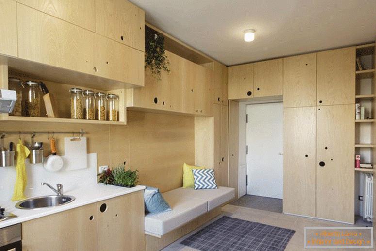 Interior of a small apartment with storage systems