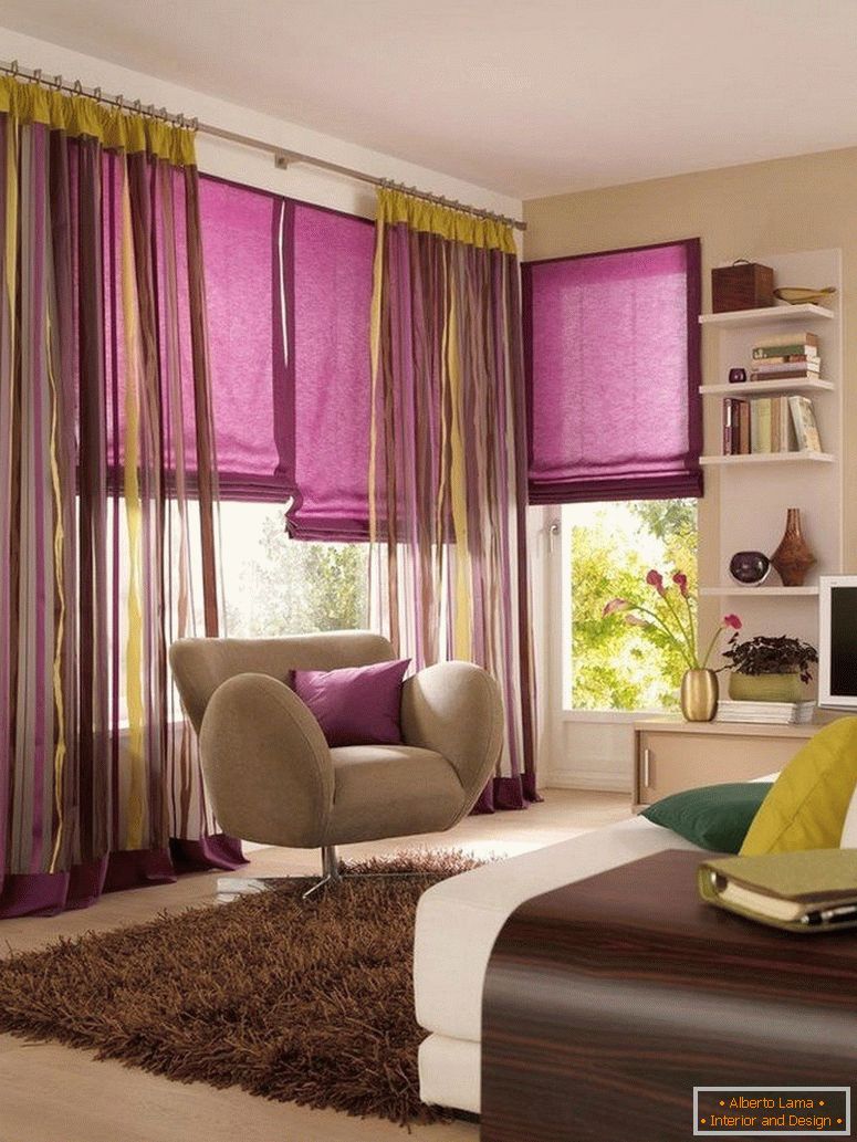 Lilac-yellow curtains on the window