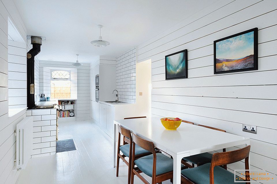 Kitchen and dining room in white color